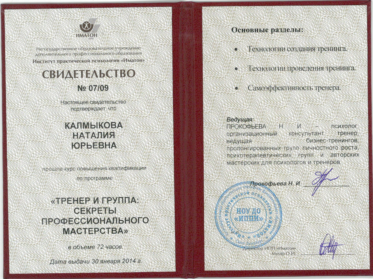 Иматон сертификат. Хисамутдинова Лилия Шагзатовна психолог.